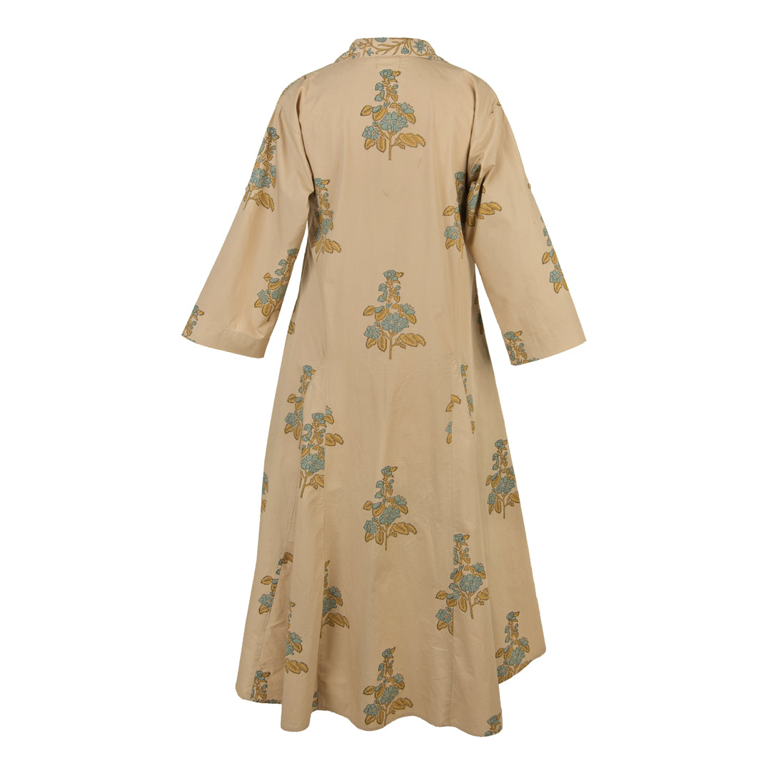 Beige dress with floral embroidery on a white background