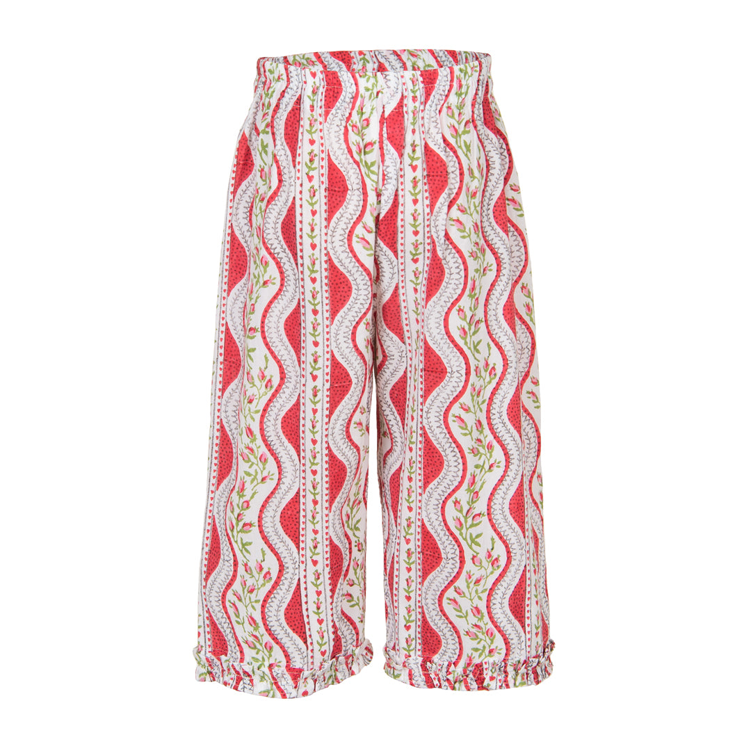 Red and white patterned pants on a white background