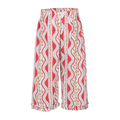 Red and white patterned pants on a white background