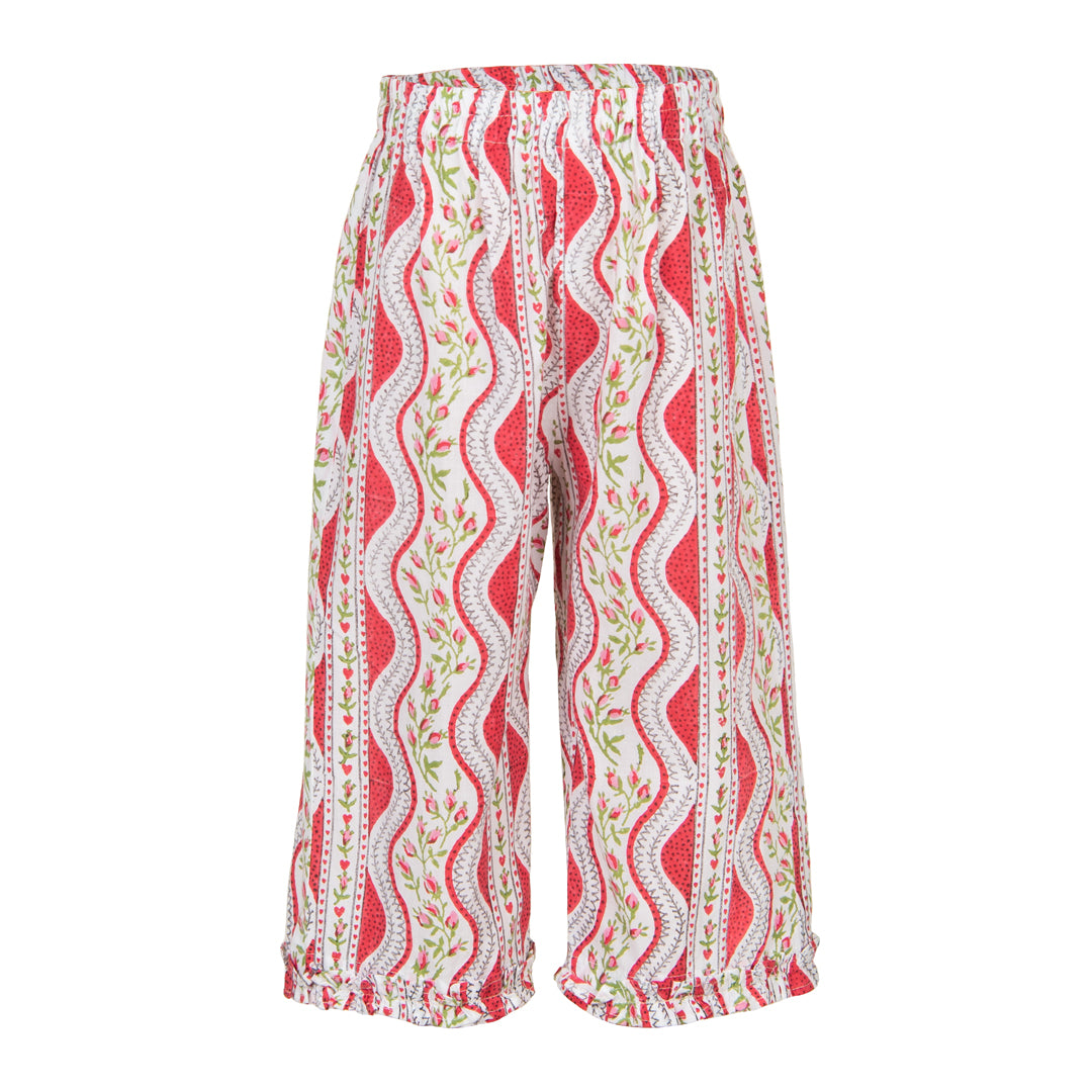 Red patterned pants on a white background