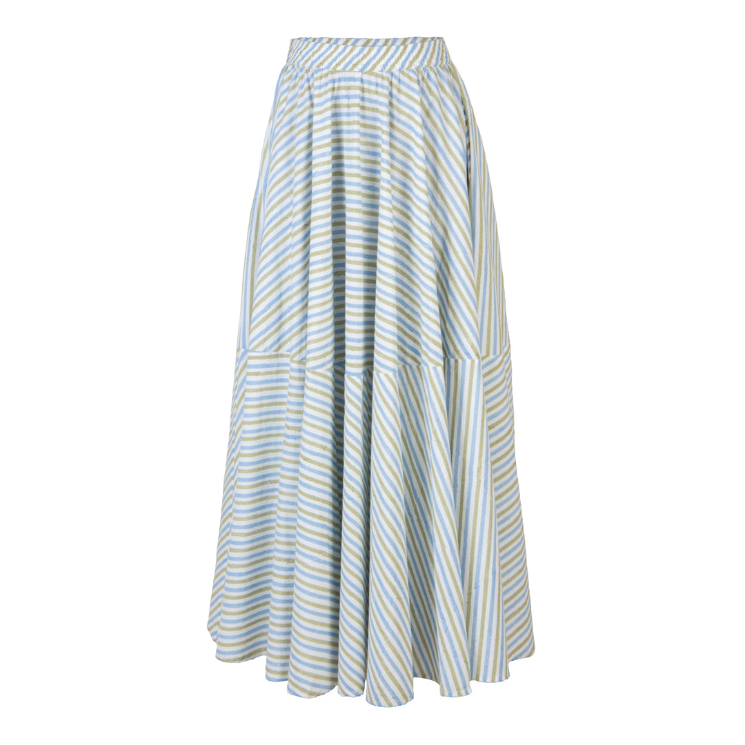 Striped skirt with blue and white pattern on a white background