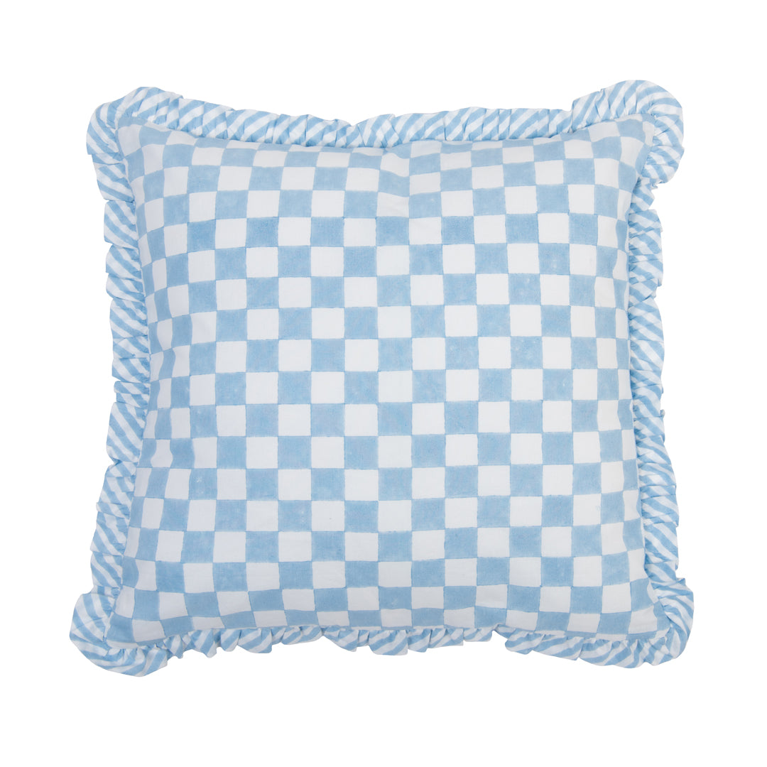 Blue and white checkered pillow with decorative trim on a white background