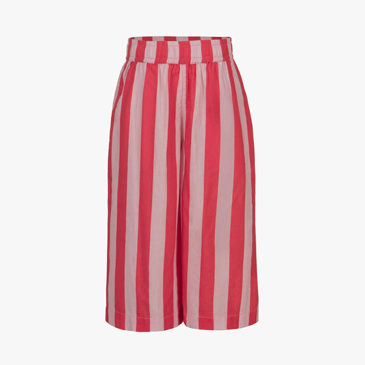 Red and white vertically striped wide-leg shorts with an elastic waistband, shown against a plain white background.
