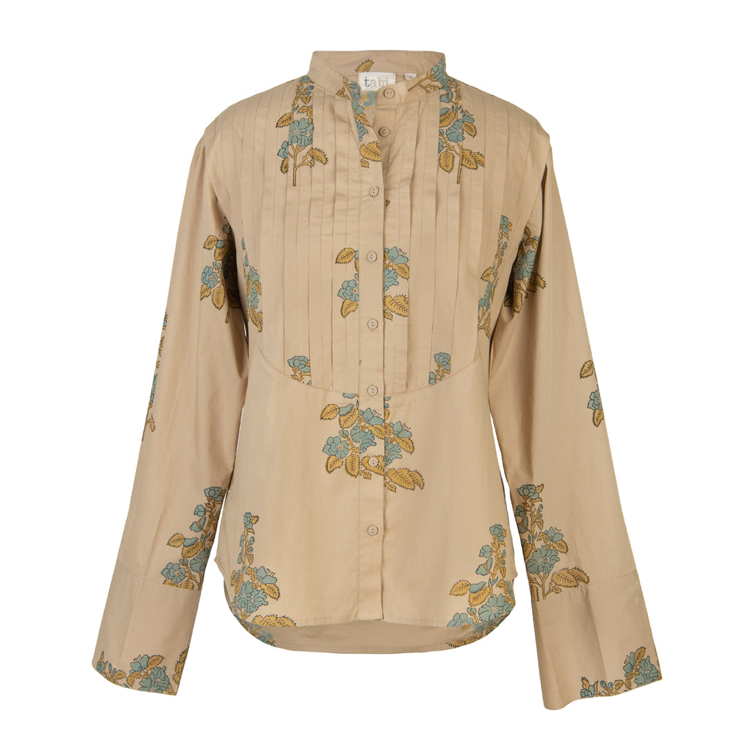 Beige blouse with floral patterns on a white background