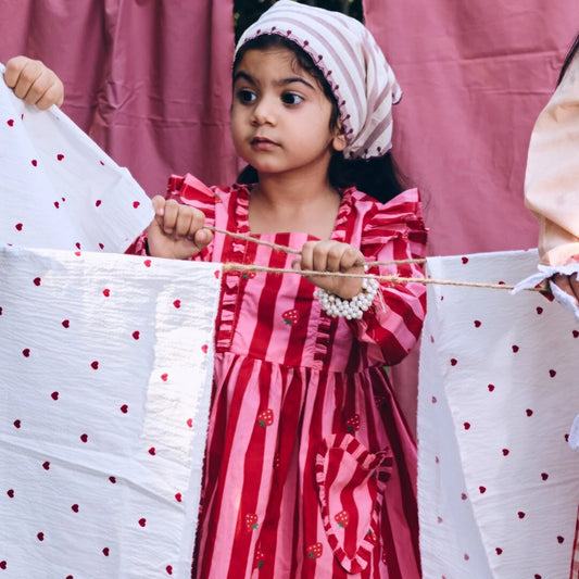 Child in a red dress holding a line with polka dot fabric against a pink curtain background