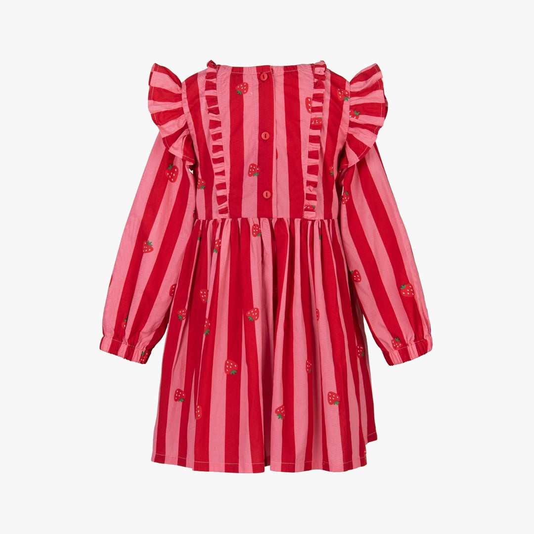 A red and pink striped long-sleeve dress for girls, featuring ruffled shoulder straps, a buttoned bodice, and small strawberry prints scattered across the fabric, shown against a plain light gray background.