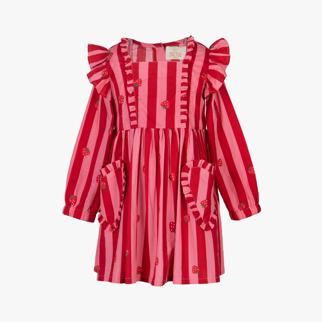 A red and pink striped long-sleeve dress with ruffled details, strawberry motifs, and front pockets, shown on a plain light gray background.