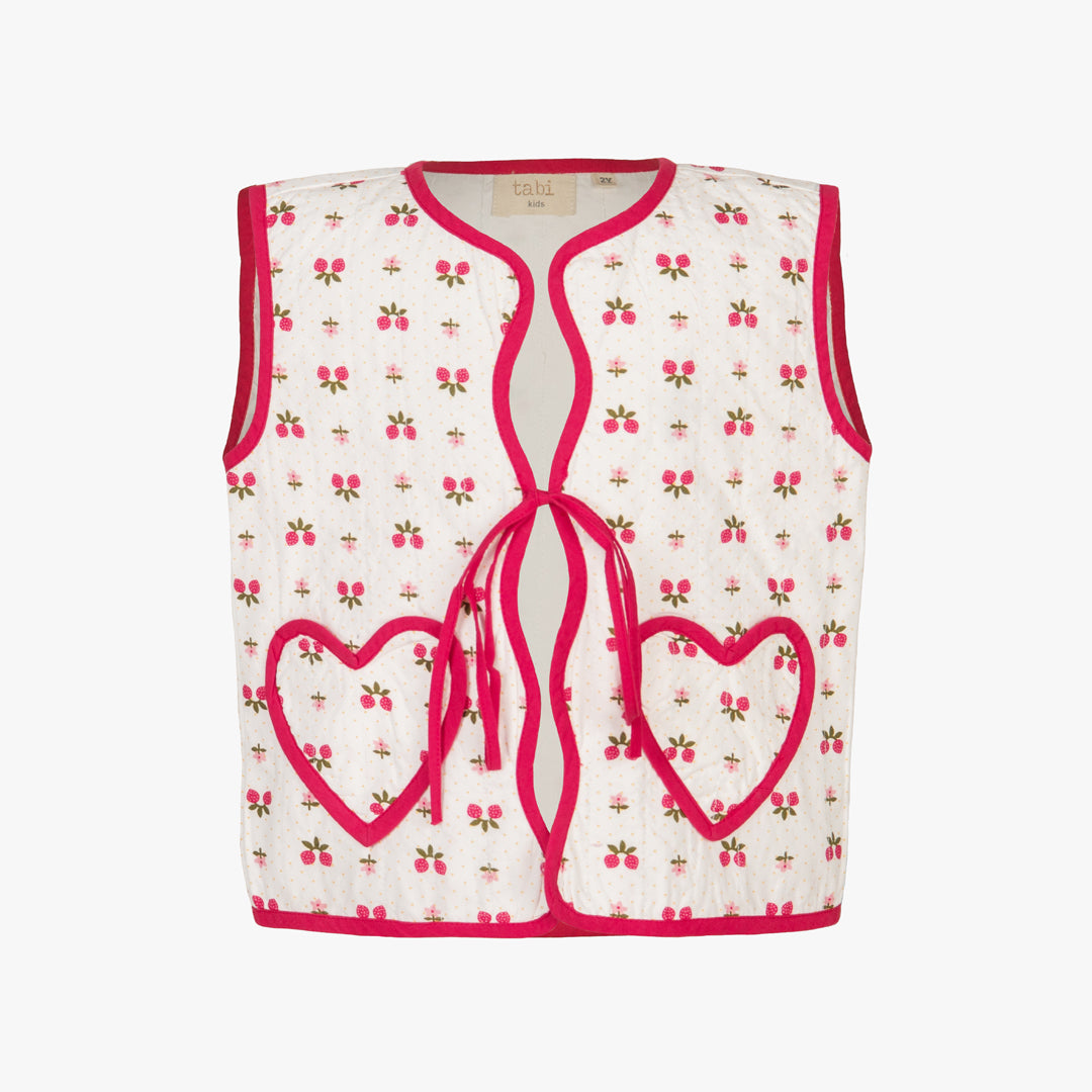 White tank top with pink heart designs and red trim on a white background