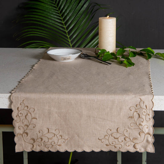 Embroidered natural linen table runner