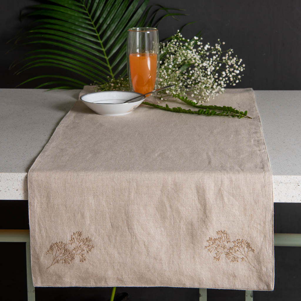 Embroidered natural linen table runner
