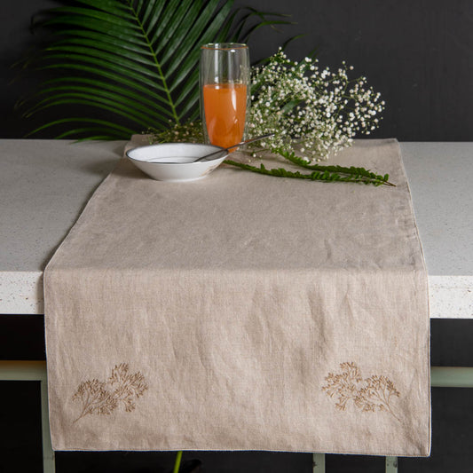 Embroidered natural linen table runner