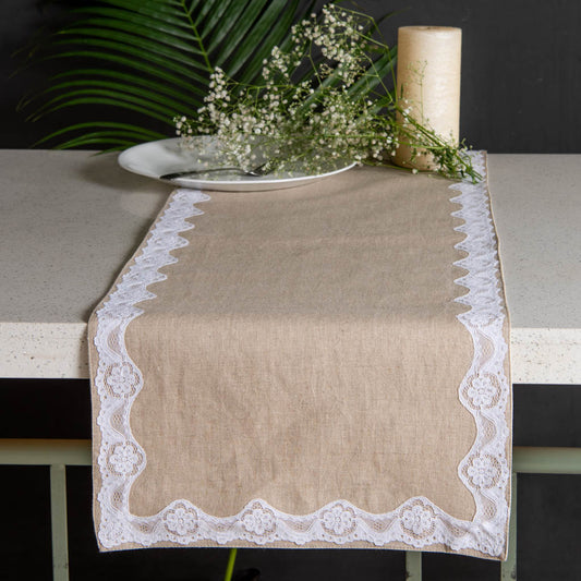 Lace edged natural linen table runner