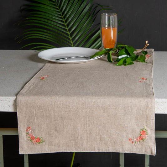 Embroidered natural linen table runner