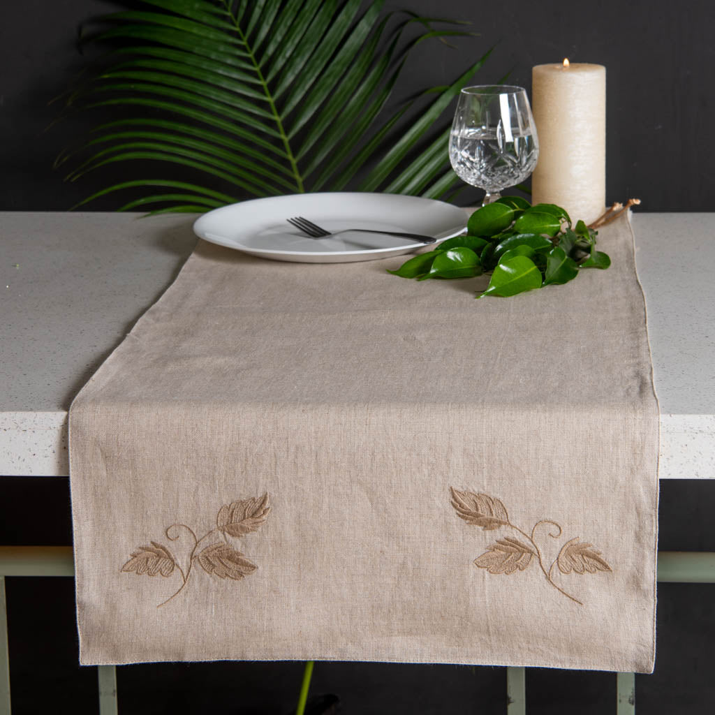 Embroidered natural linen table runner