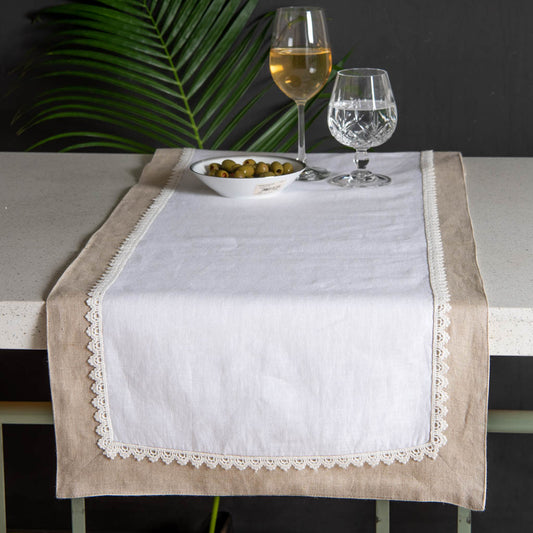 Dual toned linen table runner with lace
