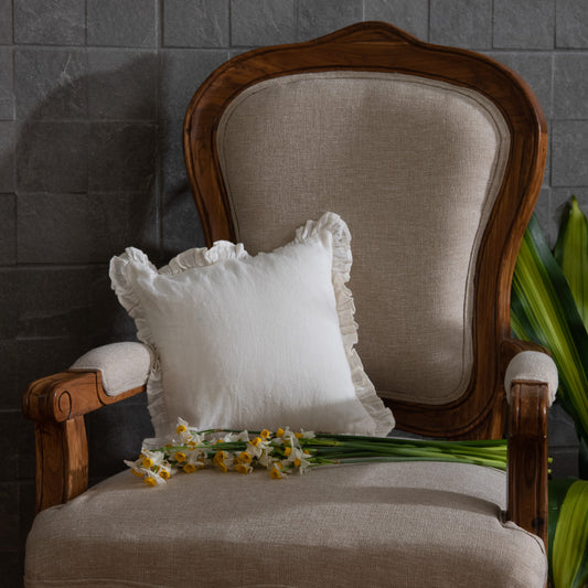 Dabra white linen cushion cover with ruffles