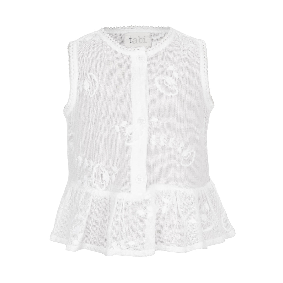 White sleeveless top with floral embroidery on a white background