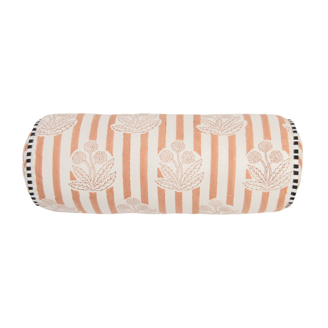 Round bolster pillow with striped pattern and floral designs