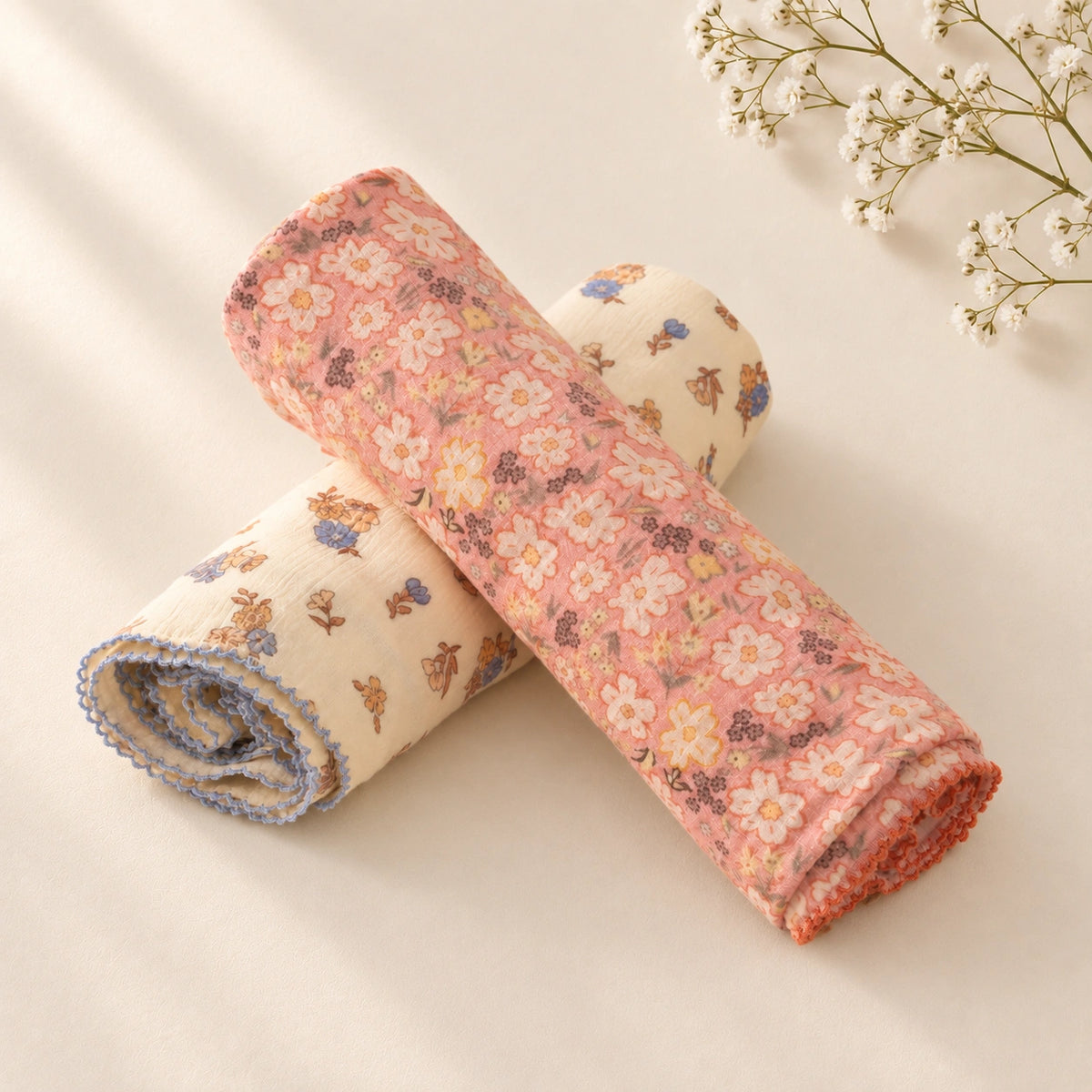 Two  cotton  swaddle with a floral print, one in dusty pink 