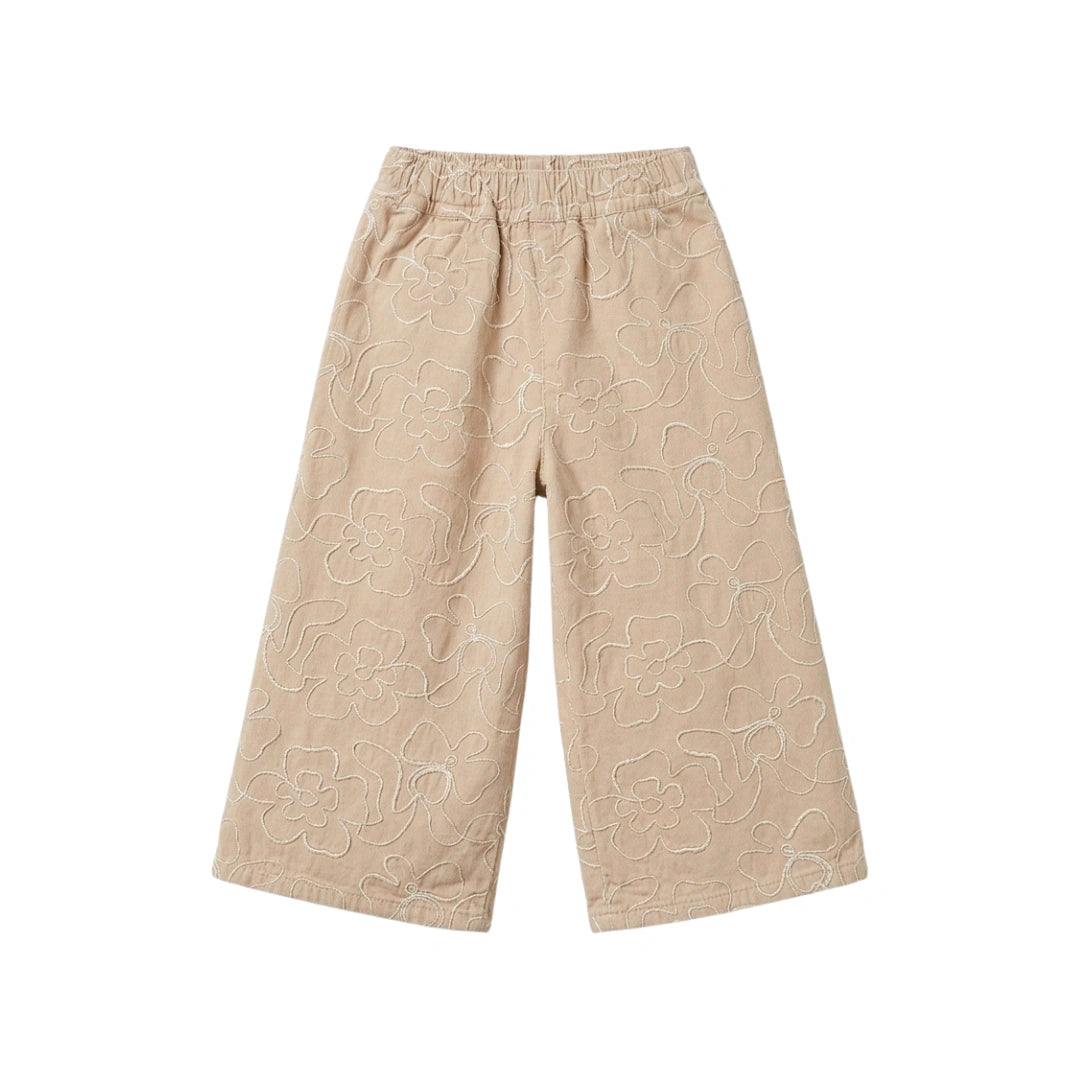 Beige pants with embroidered patterns on a white background
