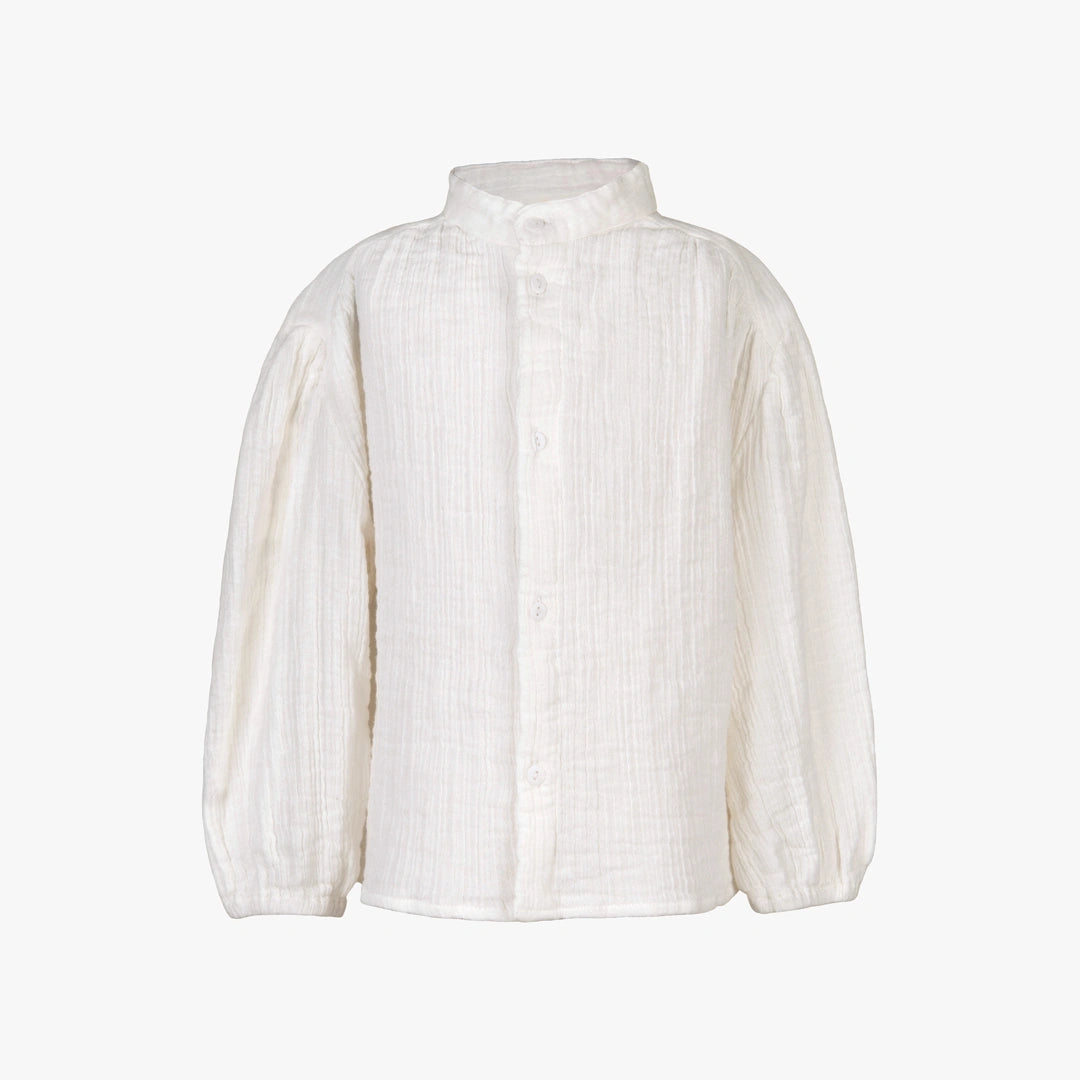An off-white crinkled cotton gauze long-sleeve shirt with a high stand collar and button-up front, shown against a plain white background.