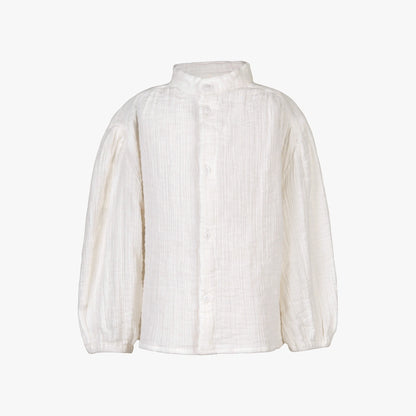 An off-white crinkled cotton gauze long-sleeve shirt with a high stand collar and button-up front, shown against a plain white background.