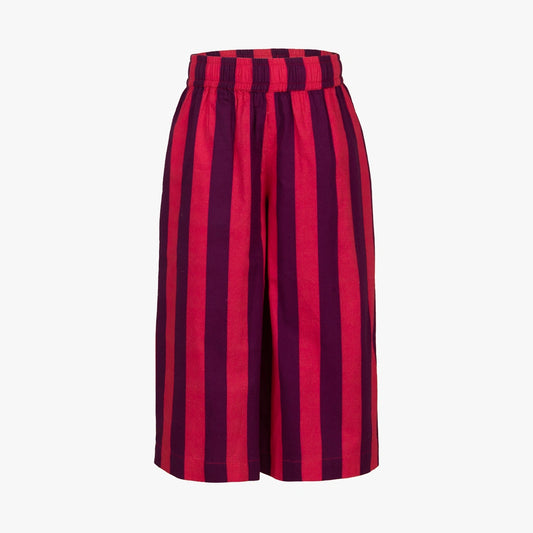 A pair of high-waisted shorts featuring bold vertical stripes in vibrant magenta pink and deep purple, displayed against a clean white background.