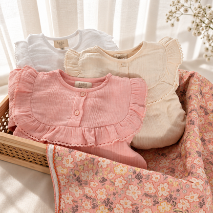 Three  cotton baby bodysuits in white, cream, and soft pink.