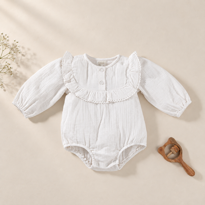 Bodysuits with ruffled collars and lace detailings.