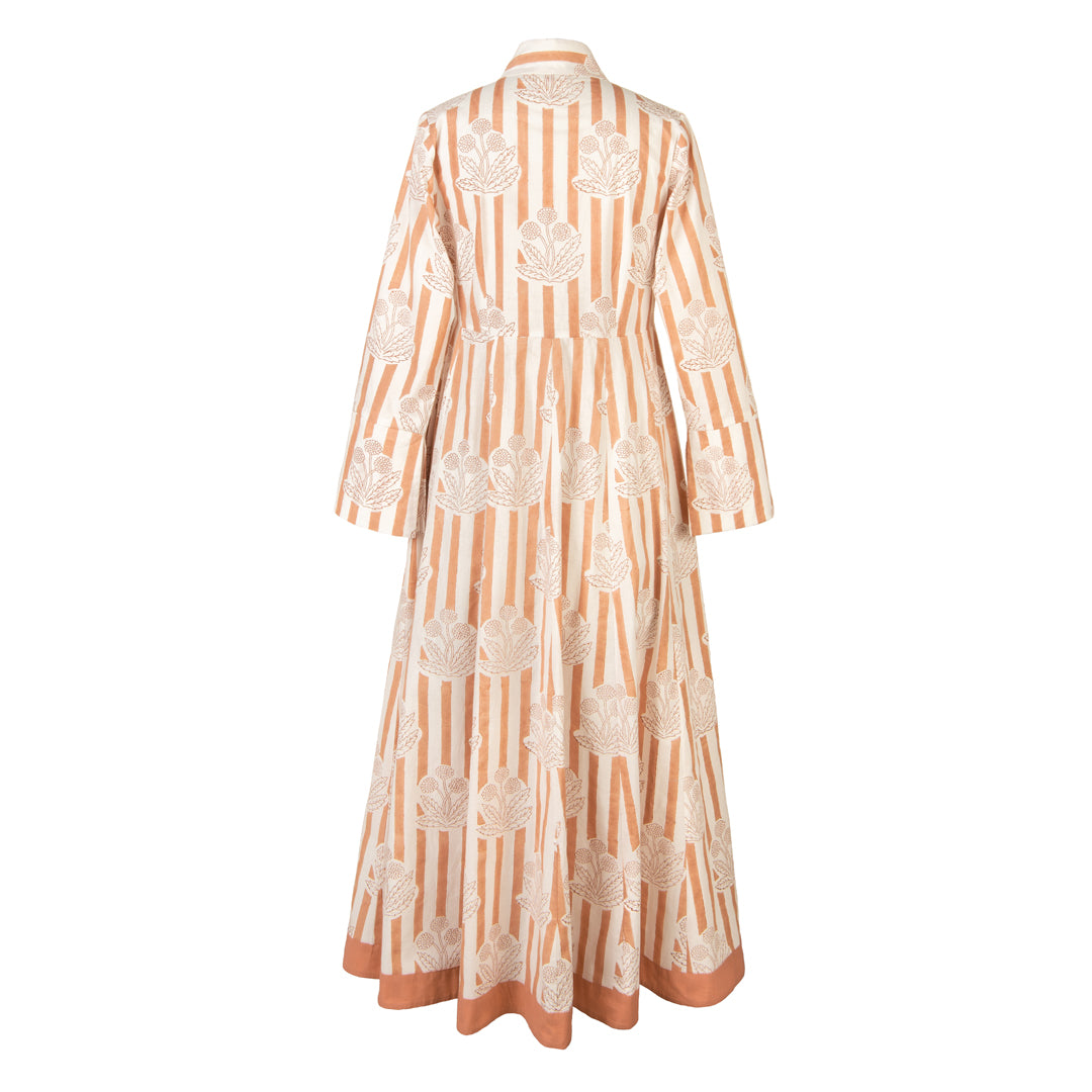 Long dress with orange and white striped pattern on a white background