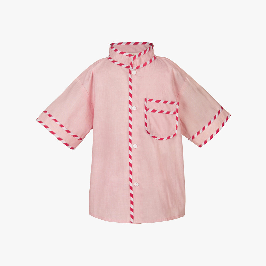 Pink shirt with red stitching