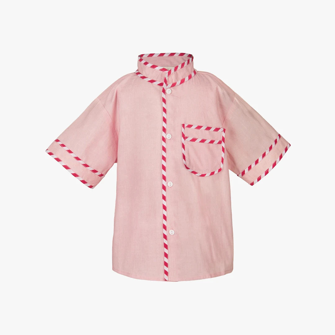 A light pink short-sleeve button-up shirt with red and white diagonal striped trim along the collar, placket, sleeve cuffs, and chest pocket.