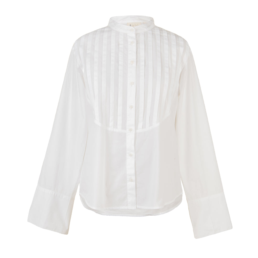 White blouse with a high collar on a white background
