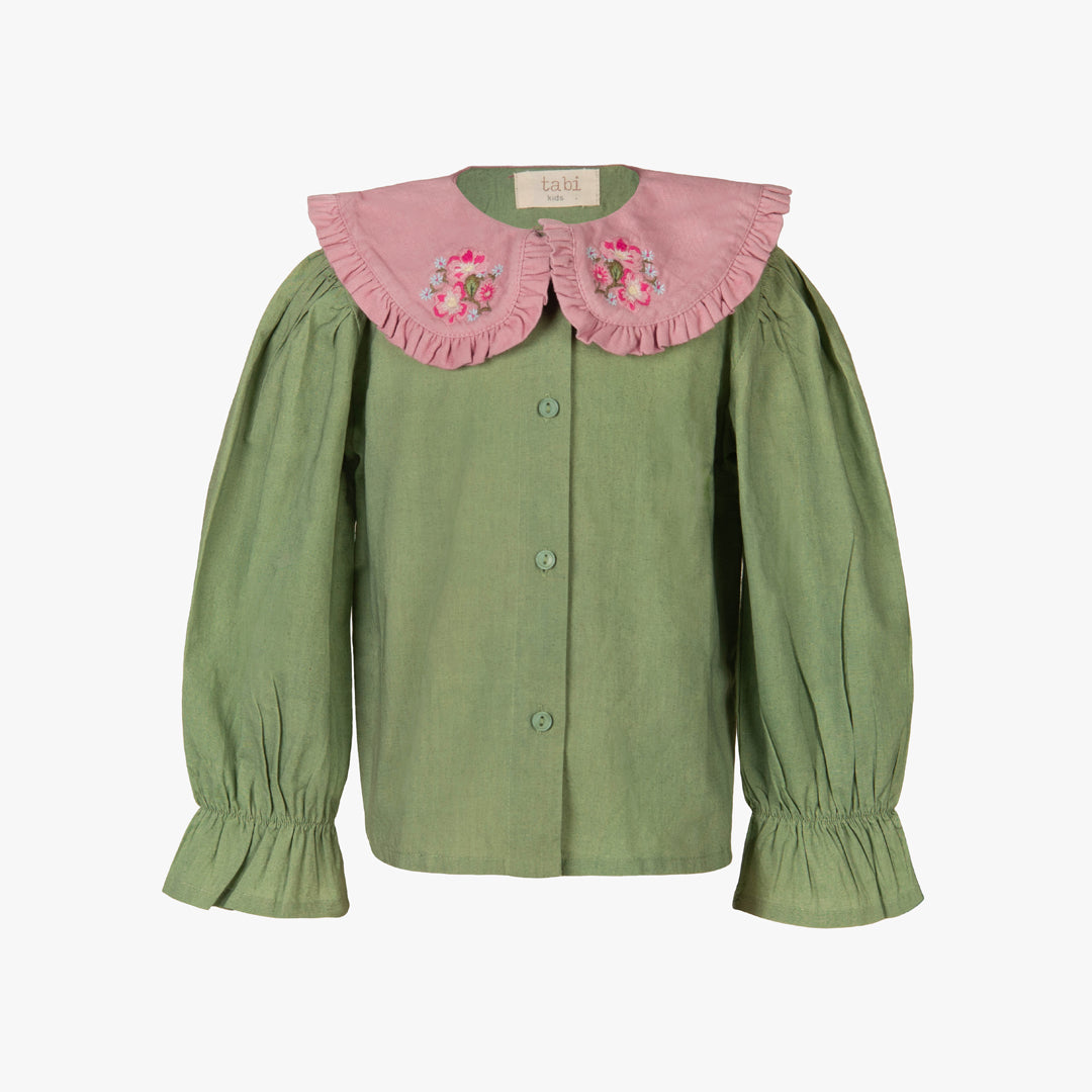 Green  top with pink embroidered collar on a white background