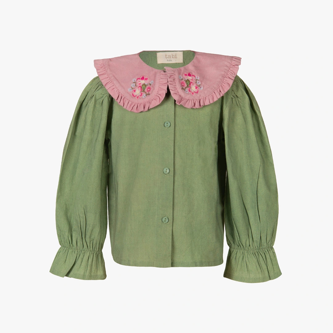 A green long-sleeve blouse for girls by Calé, featuring a large pink ruffled Peter Pan collar with embroidered floral details and buttoned front closure.