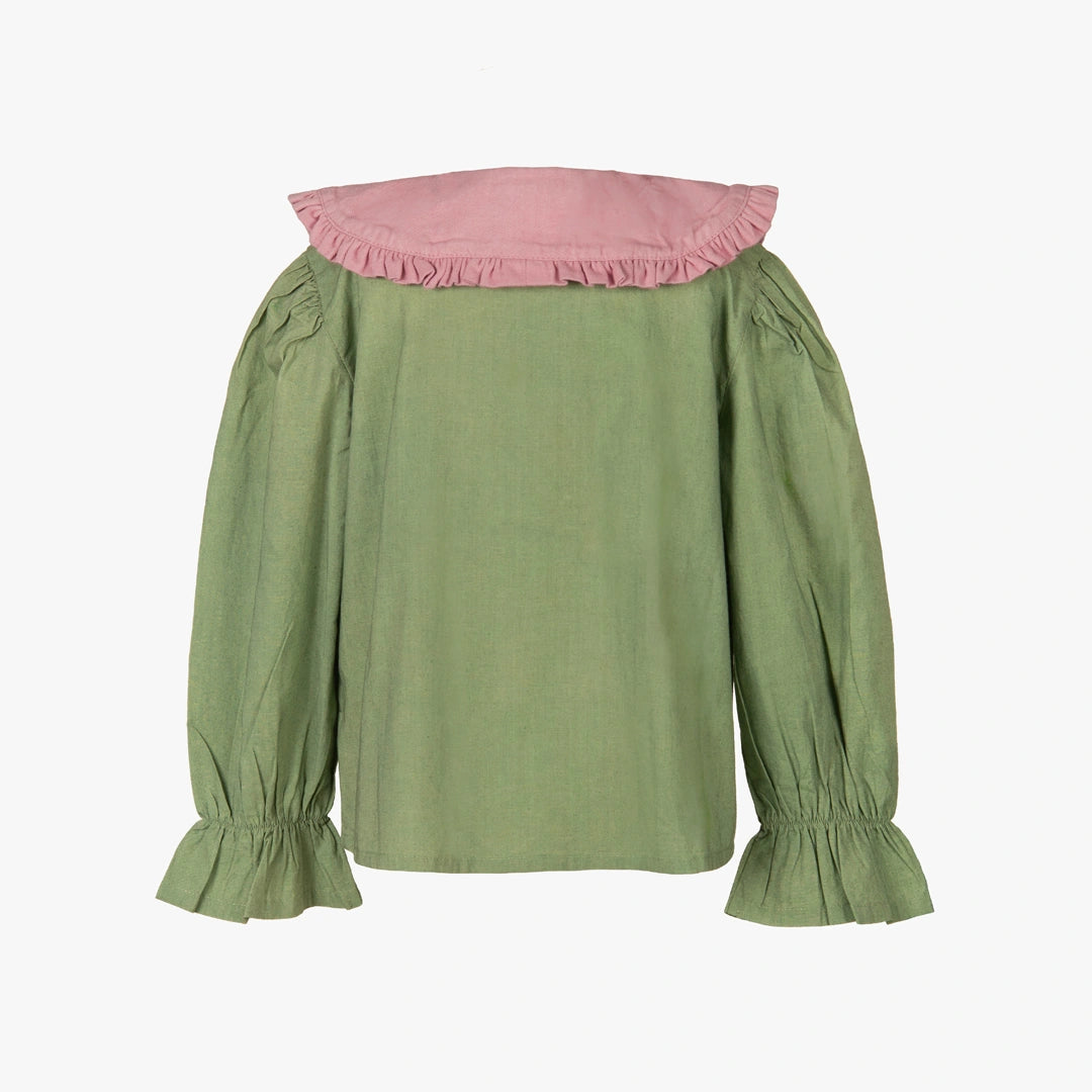 An olive green long-sleeve blouse with a contrasting dusty pink ruffled collar and gathered ruffled cuffs, shown against a plain white background.