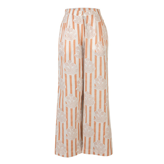 Floral-patterned pants with stripes on a white background