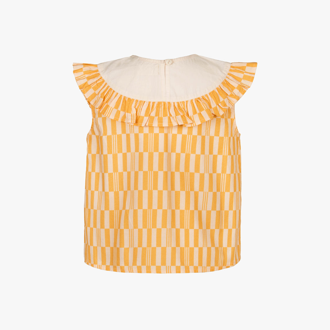 Yellow and white checkered top with ruffled sleeves on a white background