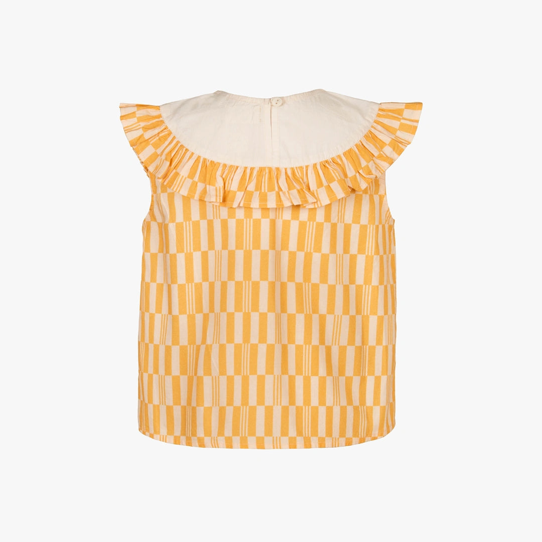 Yellow and white checkered top with ruffled sleeves on a white background
