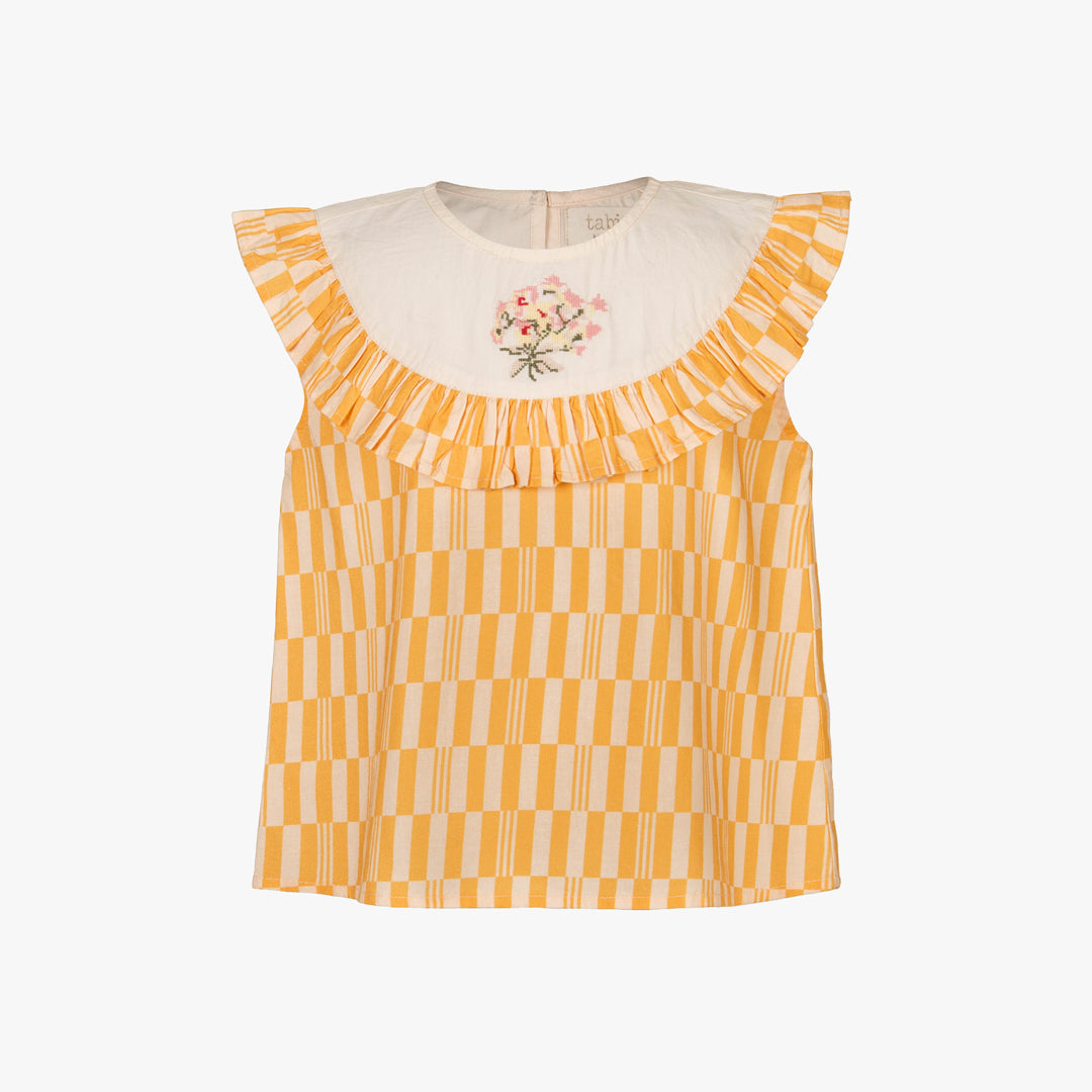 Yellow and white checkered top with floral embroidery on a white background