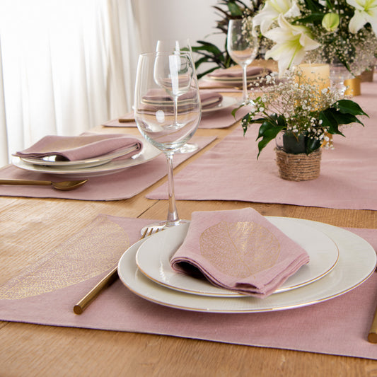 Mokotua gold foil printed table linen set dusty rose