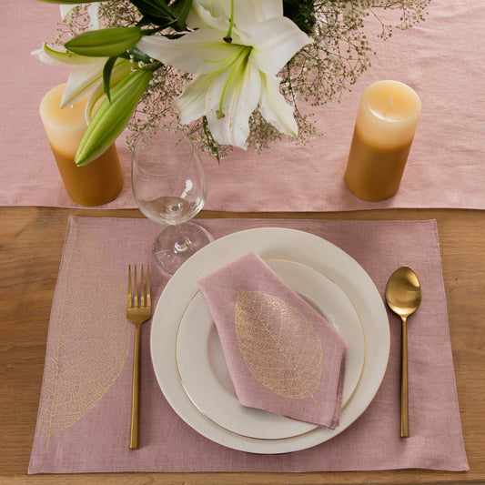 Mokotua gold foil printed table linen set dusty rose