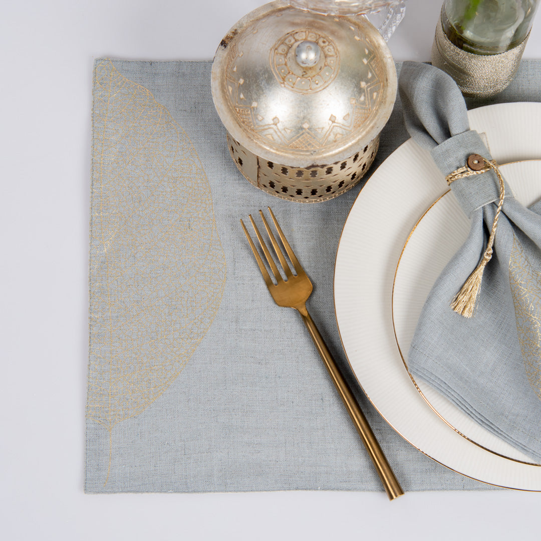 Gold foil printed aqua grey linen table mats