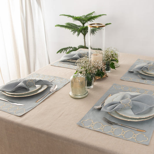 Oporo embroidered Table linen set Aqua Grey