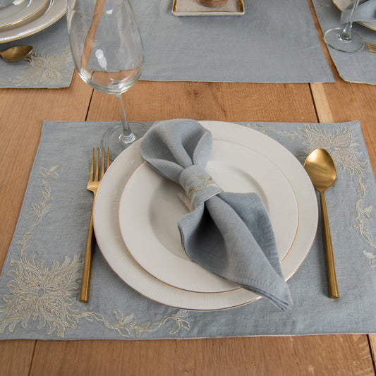 Otago gold embroidered table linen set aqua grey