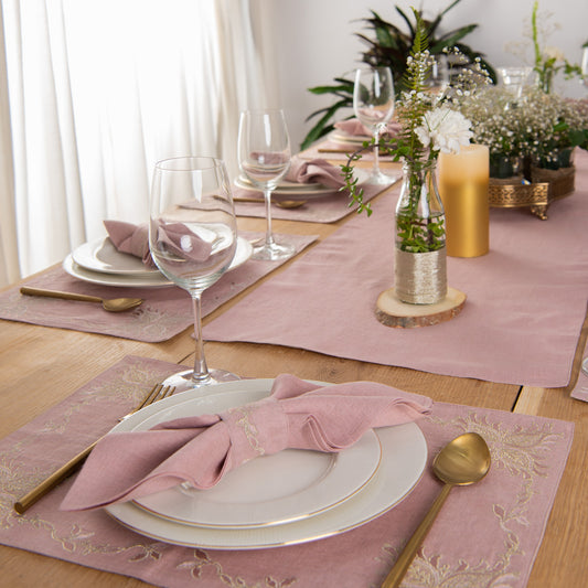 Otago gold embroidered table linen set dusty rose