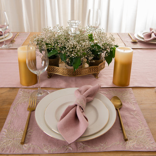 Otago gold embroidered table linen set dusty rose