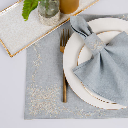 Gold embroidered aqua grey linen table mats