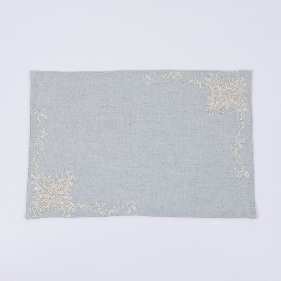 Gold embroidered aqua grey linen table mats