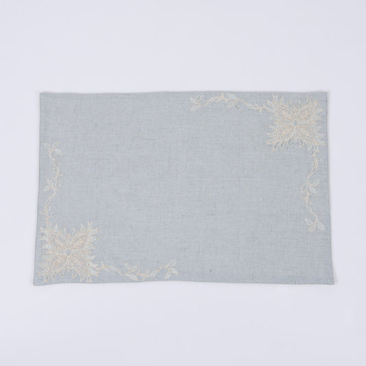 Gold embroidered aqua grey linen table mats